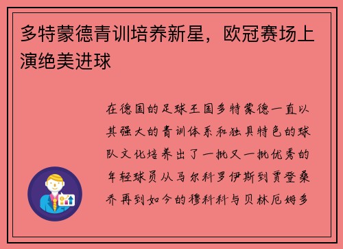 多特蒙德青训培养新星，欧冠赛场上演绝美进球