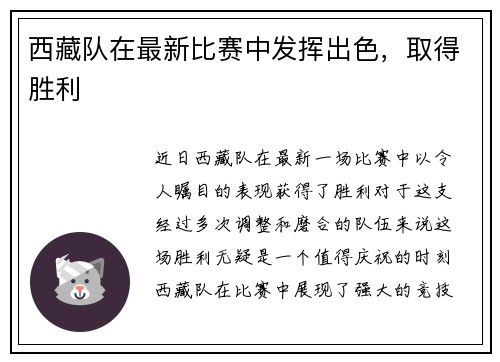 西藏队在最新比赛中发挥出色，取得胜利