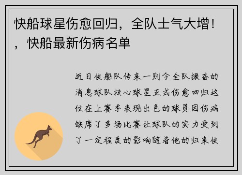 快船球星伤愈回归，全队士气大增！，快船最新伤病名单