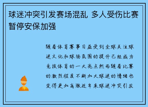 球迷冲突引发赛场混乱 多人受伤比赛暂停安保加强