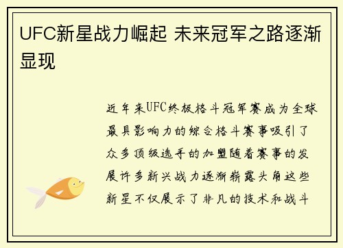UFC新星战力崛起 未来冠军之路逐渐显现