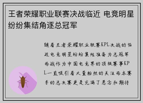 王者荣耀职业联赛决战临近 电竞明星纷纷集结角逐总冠军