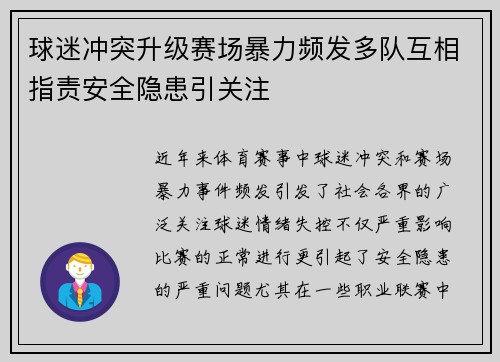 球迷冲突升级赛场暴力频发多队互相指责安全隐患引关注