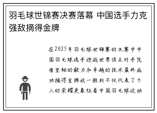 羽毛球世锦赛决赛落幕 中国选手力克强敌摘得金牌